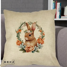 Perna Decorativa Iepuras Floral Coronita Acuarela, 40x40 cm, Crem, Husa Detasabila, Perna Inclusa, BEKZ®