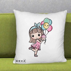 Perna Decorativa Fetita Kawaii cu Baloane si Cupcake, 40x40 cm, Alb Pufos, Husa Detasabila, Perna Inclusa, BEKZ®
