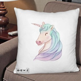Perna Decorativa Unicorn Acuarela Pastel, 40x40 cm, Alb Pufos, Husa Detasabila, Perna Inclusa, BEKZ®