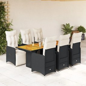 3277133 vidaXL Set bistro de grădină, 7 piese, cu perne, negru, poliratan