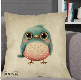 Perna Decorativa Pasare Teal-Roz cu Pete, 40x40 cm, Crem, Husa Detasabila, Perna Inclusa, BEKZ®