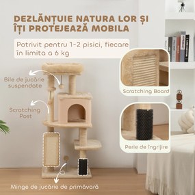 PawHut Arbore pentru Pisici Multilevel Înalt 132 cm cu Căsuță, Culcuș, Stâlpi Zgâriători, Perie și Biliță, Bej | Aosom Romania