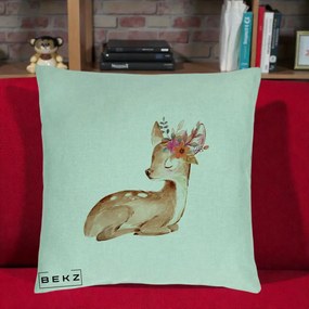 Perna Decorativa Caprioara cu Flori in Coama, 40x40 cm, Verde Menta, Husa Detasabila, Perna Inclusa, BEKZ®