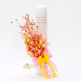 Lumanare botez cu flori uscate si spice de grau - "Azi m-am crestinat", Roz, 35x6 cm - LPB-304