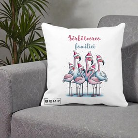 Perna Decorativa Flamingo Craciun Sarbatoarea Familiei, 40x40 cm, Alba Mata, Husa Detasabila, Perna Inclusa, BEKZ®