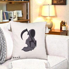 Perna Decorativa Moartea cu Coasa Grim Reaper Halloween, 40x40 cm, Bej cu Franjuri, Husa Detasabila, Perna Inclusa, BEKZ®