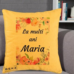 Cadou de Onomastica - Perna Personalizata La Multi Ani Maria Flori Acuarela, 40x40 cm, Galben, Husa Detasabila, Perna Inclusa, BEKZ®