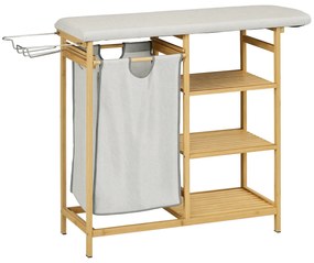 HOMCOM Coș de Rufe din Bambus cu Masă de Călcat și Suport de Călcat, Coș de Rufe cu Raft cu 3 Niveluri, 113x34x82 cm, Gri