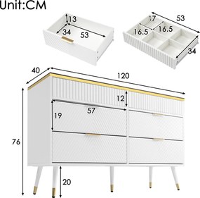 Comodă cu 6 sertare și sticlă chihlimbar, dulap înalt pentru dormitor și living, 120x40x76 cm, Alb