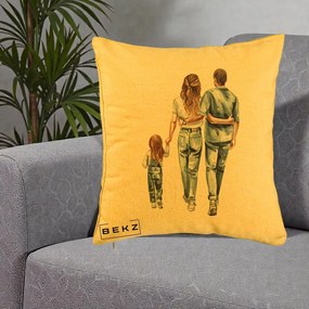 Cadou pentru Familie - Perna Personalizata Familie Acuarela Jeans, 40x40 cm, Galben, Husa Detasabila, Perna Inclusa, BEKZ®