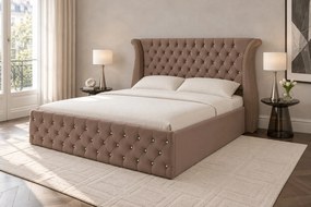 Pat tapițat din catifea Zafira 160×200 cm, cappuccino, cu ladă de depozitare