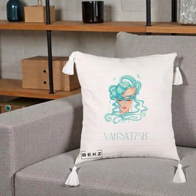 Perna Personalizata Zodiac Varsator Cowgirl, 40x40 cm, Bej cu Franjuri, Husa Detasabila, Perna Inclusa, BEKZ®