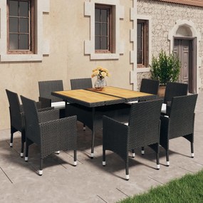 3058342 vidaXL Set mobilier grădină, 9 piese, negru, poliratan și lemn acacia