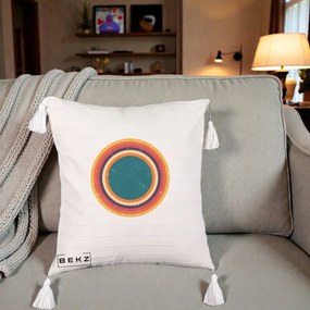 Perna Decorativa Retro Cerc Concentric Geometric Vintage, 40x40 cm, Bej cu Franjuri, Husa Detasabila, Perna Inclusa, BEKZ®