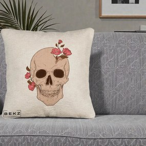 Perna Decorativa Craniu Floral Gothic, 40x40 cm, Bej Canapea, Husa Detasabila, Perna Inclusa, BEKZ®