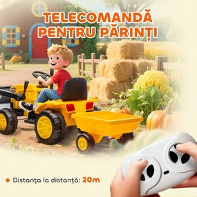 AIYAPLAY Excavator Electric pentru Copii 12V cu Cupă și Remorcă Detașabilă, Tractor Electric de Călărit cu 2 Motoare, Telecomandă, Conexiune Wireless, USB, Lumini și Muzică, 3-8 Ani, Galben | Aosom Romania