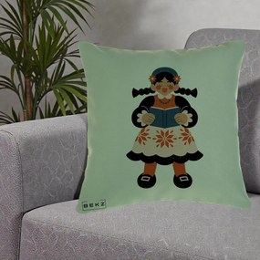 Perna Personalizata Fetita cu Carte Ilustratie Folk, 40x40 cm, Verde, Husa Detasabila, Perna Inclusa, BEKZ®