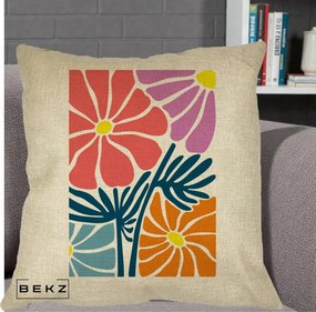Perna Decorativa Flori Grafice Roz-Orange-Albastru, 40x40 cm, Crem, Husa Detasabila, Perna Inclusa, BEKZ®
