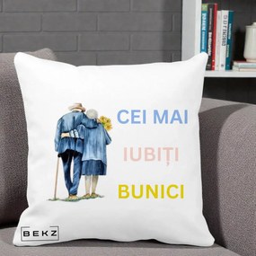 Cadou pentru Bunici - Perna Personalizata Cei Mai Iubiti Bunici Acuarela Spate, 40x40 cm, Alba Mata, Husa Detasabila, Perna Inclusa, BEKZ®