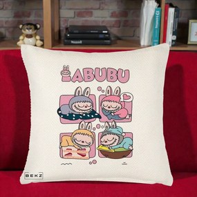 Perna Personalizata Labubu Sleeping Quad Grid, 40x40 cm, Crem Reliefat, Husa Detasabila, Perna Inclusa, BEKZ®