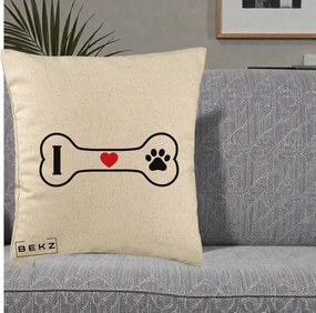 Perna Personalizata I Love Dog Os si Labuta, 40x40 cm, Bej, Husa Detasabila, Perna Inclusa, BEKZ®