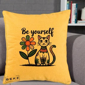 Perna Personalizata Be Yourself Pisica Folk, 40x40 cm, Galben, Husa Detasabila, Perna Inclusa, BEKZ®