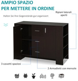 HOMCOM Dulap de perete cu 2 usi 3 sertare rafturi laterale elegante pentru casa din lemn maro inchis 120 x 38 x 84 cm