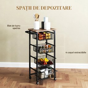 HOMCOM Cărucior de Bucătărie cu 4 Coșuri Detașabile, Roți și Frâne, Oțel și Lemn, 49.5x31x91 cm, Stejar | Aosom Romania