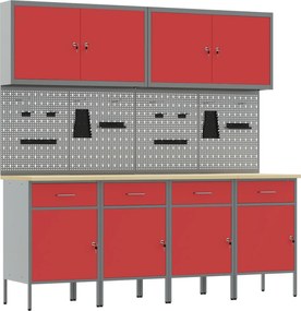 vidaXL Dulap de lucru cu sertar 10 pcs Roșu Lemn ingineresc și oțel