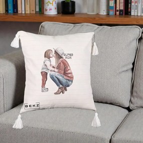 Cadou pentru Mama - Perna Personalizata Super Mom Acuarela, 40x40 cm, Bej cu Franjuri, Husa Detasabila, Perna Inclusa, BEKZ®