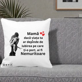 Cadou pentru Mama - Perna Personalizata Mama Nemuritoare Gravura Vintage, 40x40 cm, Alba Mata, Husa Detasabila, Perna Inclusa, BEKZ®