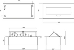 Priză încorporabilă în blat GTV, 2 prize Schuko, USB A + C, negru, 265 x130 mm L:265 mm; l:130 mm; H:110 mm, Aluminiu/ plastic, Negru