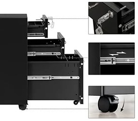 Corp mobil pentru birou / rollbox cu 3 sertare, metal, negru, Songmics