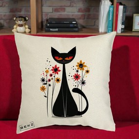 Perna Decorativa Pisica Neagra Ochi Rosii Flori, 40x40 cm, Ecru, Husa Detasabila, Perna Inclusa, BEKZ®