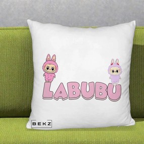 Perna Personalizata Labubu Duo Roz-Lila cu Text, 40x40 cm, Alb Pufos, Husa Detasabila, Perna Inclusa, BEKZ®