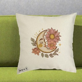 Perna Personalizata Luna Boho Chip Floral, 40x40 cm, Ecru, Husa Detasabila, Perna Inclusa, BEKZ®