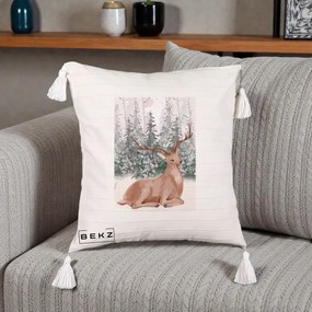 Perna Decorativa Ren in Padure Roz Moale, 40x40 cm, Bej cu Franjuri, Husa Detasabila, Perna Inclusa, BEKZ®