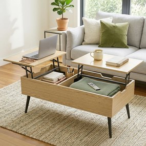 HOMCOM Masă de cafea rabatabilă cu dublu blat, masă de living cu compartiment ascuns și picioare din metal, lemn natural | Aosom Romania