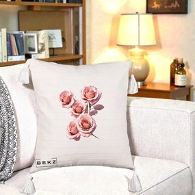 Perna Decorativa Trandafiri Roz Pastel Acuarela, 40x40 cm, Bej cu Franjuri, Husa Detasabila, Perna Inclusa, BEKZ®