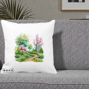 Perna Decorativa Gradina Primavara Acuarela, 40x40 cm, Alba Mata, Husa Detasabila, Perna Inclusa, BEKZ®
