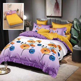 Lenjerie de pat din Finet, 6 piese cu husa elastic pentru saltea Purple Flowers