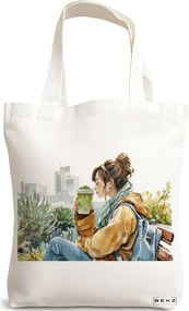 Sacosa de Panza pentru Cumparaturi, Geanta Tote, model Urban oasis 38 x 34.5 cm, Alba, BEKZ®