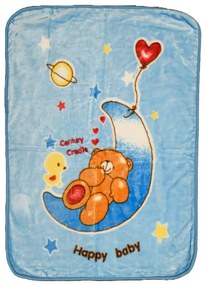 Patura albastra din acril pentru copii, TEDDY ON THE MOON, 80x110 cm