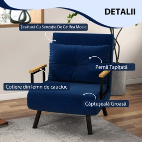 HOMCOM Canapea Extensibilă cu Spătar Reglabil pe 5 Nivele, Canapea Pat Individuală Pliabilă cu Perne, 63x73x81 cm, Albastru | Aosom Romania