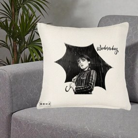 Perna Personalizata Wednesday Addams cu Umbrela Foto, 40x40 cm, Crem Reliefat, Husa Detasabila, Perna Inclusa, BEKZ®