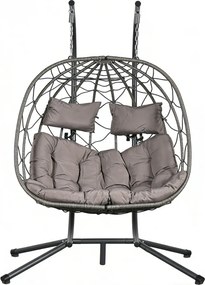 Fotoliu leagan dublu suspendat în formă de ou, cos pliabil, balansoar cu perne detasabile, pentru interior, gazon, grădină, Gri