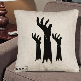 Perna Decorativa Halloween Maini Zombie Alb-Negru, 40x40 cm, Bej Canapea, Husa Detasabila, Perna Inclusa, BEKZ®