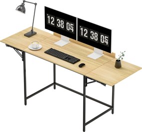 HOMCOM Birou pliabil pentru calculator cu 2 blaturi extensibile, mult spațiu pentru monitoare, picioare metalice, construcție robustă, Stejar+Negru | Aosom Romania