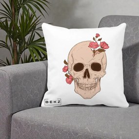 Perna Decorativa Craniu Floral Gothic, 40x40 cm, Alba Mata, Husa Detasabila, Perna Inclusa, BEKZ®