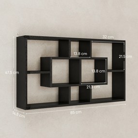 HOMCOM Etajeră de Perete cu 8 Compartimente, 85 x 14,5 x 47,5 cm, Lemn, Negru | Aosom Romania
